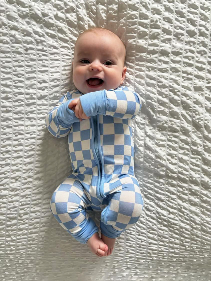 Baby Boy Blue Checkered Zipper Sleepsuit