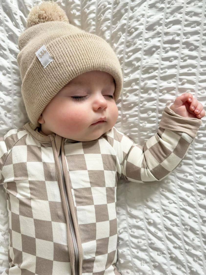 Unisex Tan Checkered Baby Zipper Sleepsuit