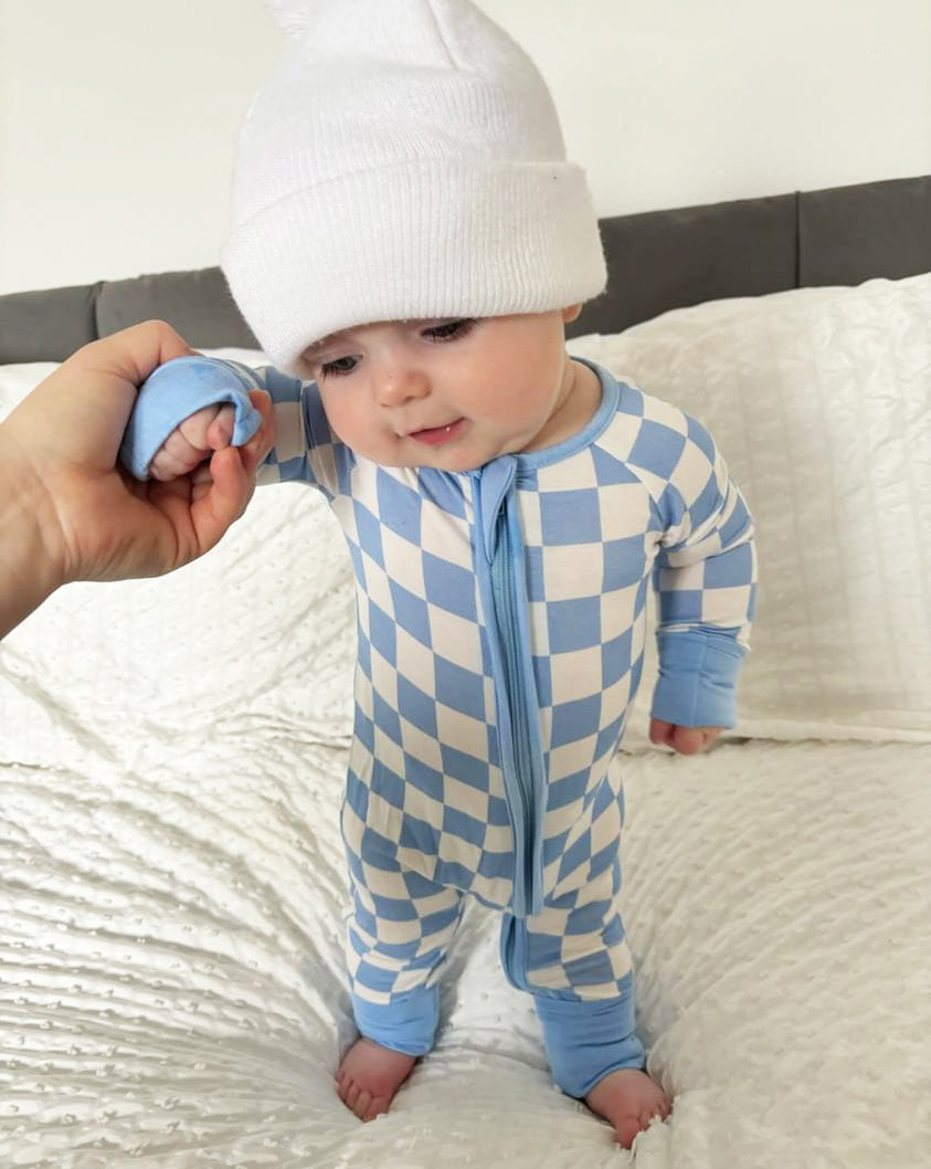 Baby Boy Blue Checkered Zipper Sleepsuit