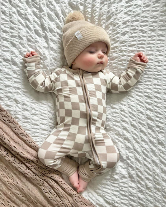 Unisex Tan Checkered Baby Zipper Sleepsuit