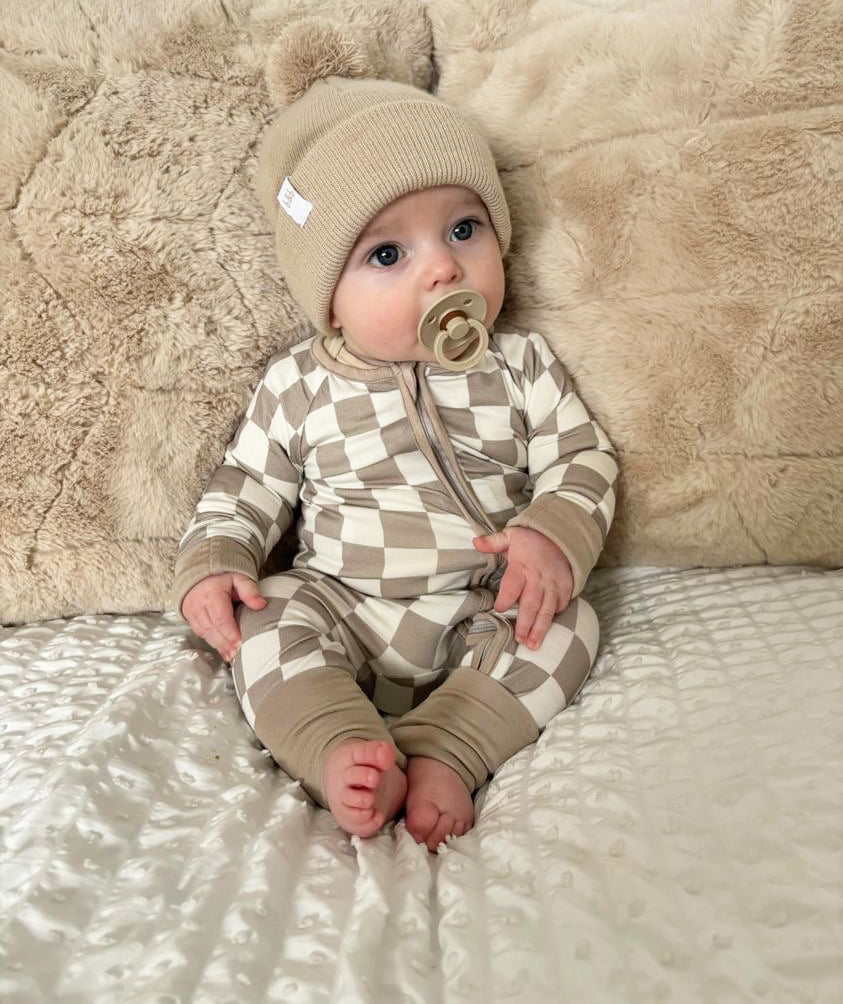 Unisex Tan Checkered Baby Zipper Sleepsuit