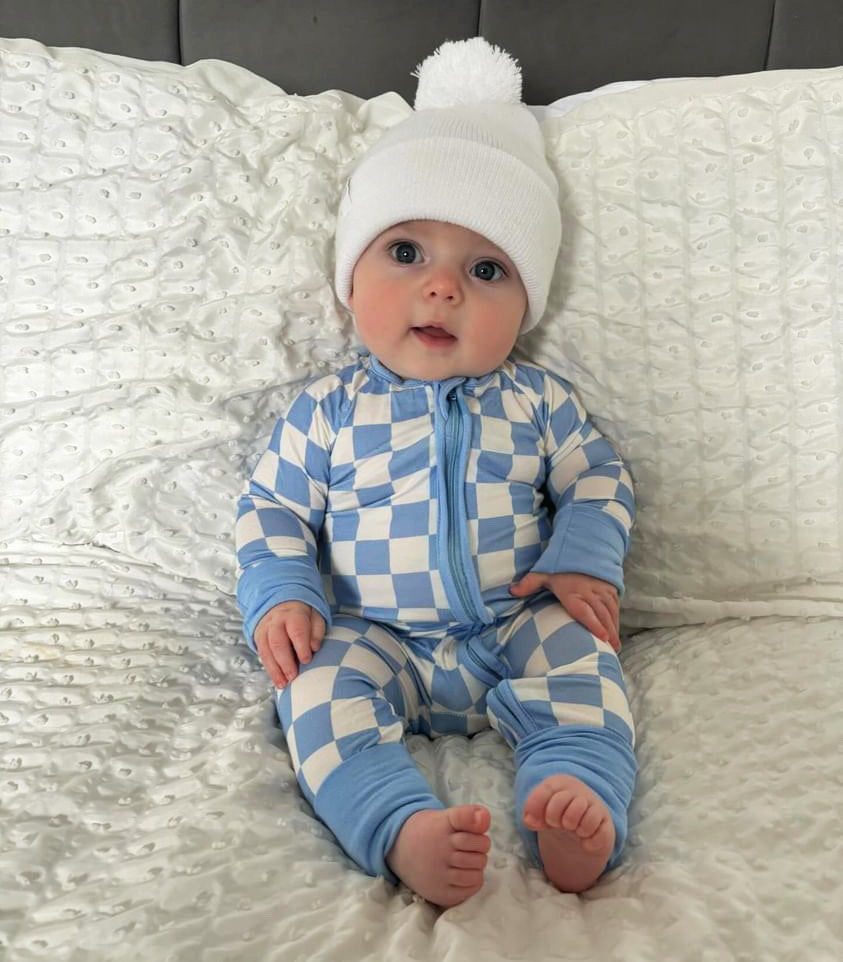 Baby Boy Blue Checkered Zipper Sleepsuit