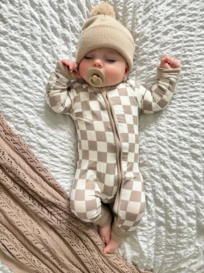 Unisex Tan Checkered Baby Zipper Sleepsuit