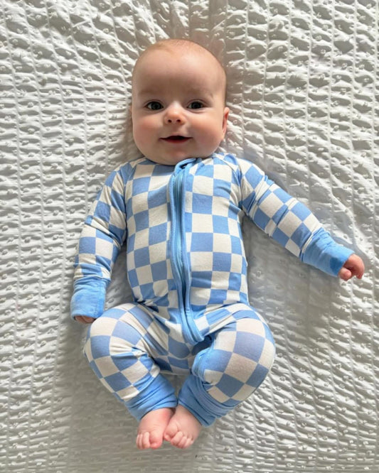 Baby Boy Blue Checkered Zipper Sleepsuit