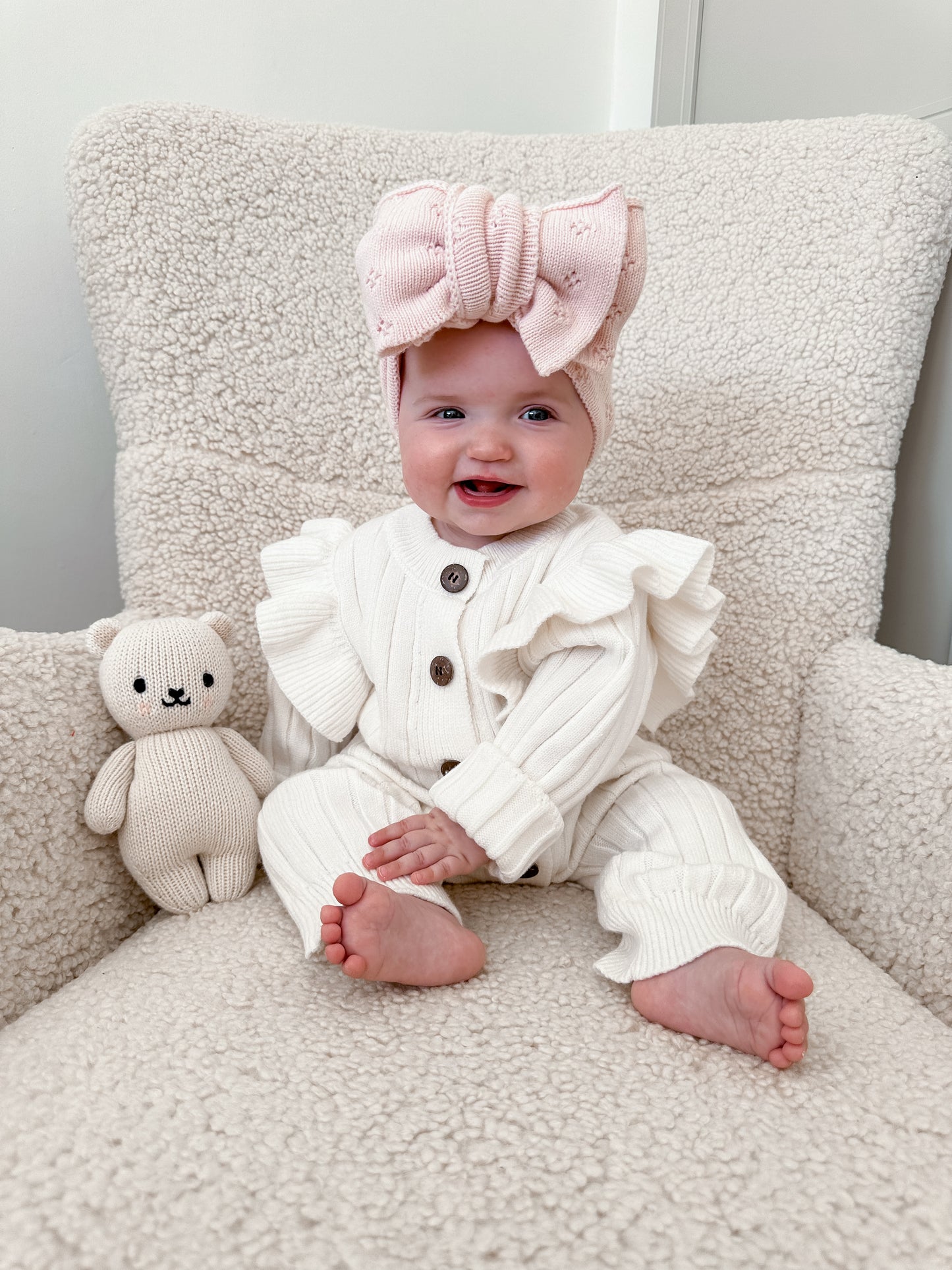 Baby Girl Frill White Knitted Ribbed Romper